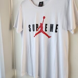 Supreme White Tee with Red Box Logo and White Jumpman Tag